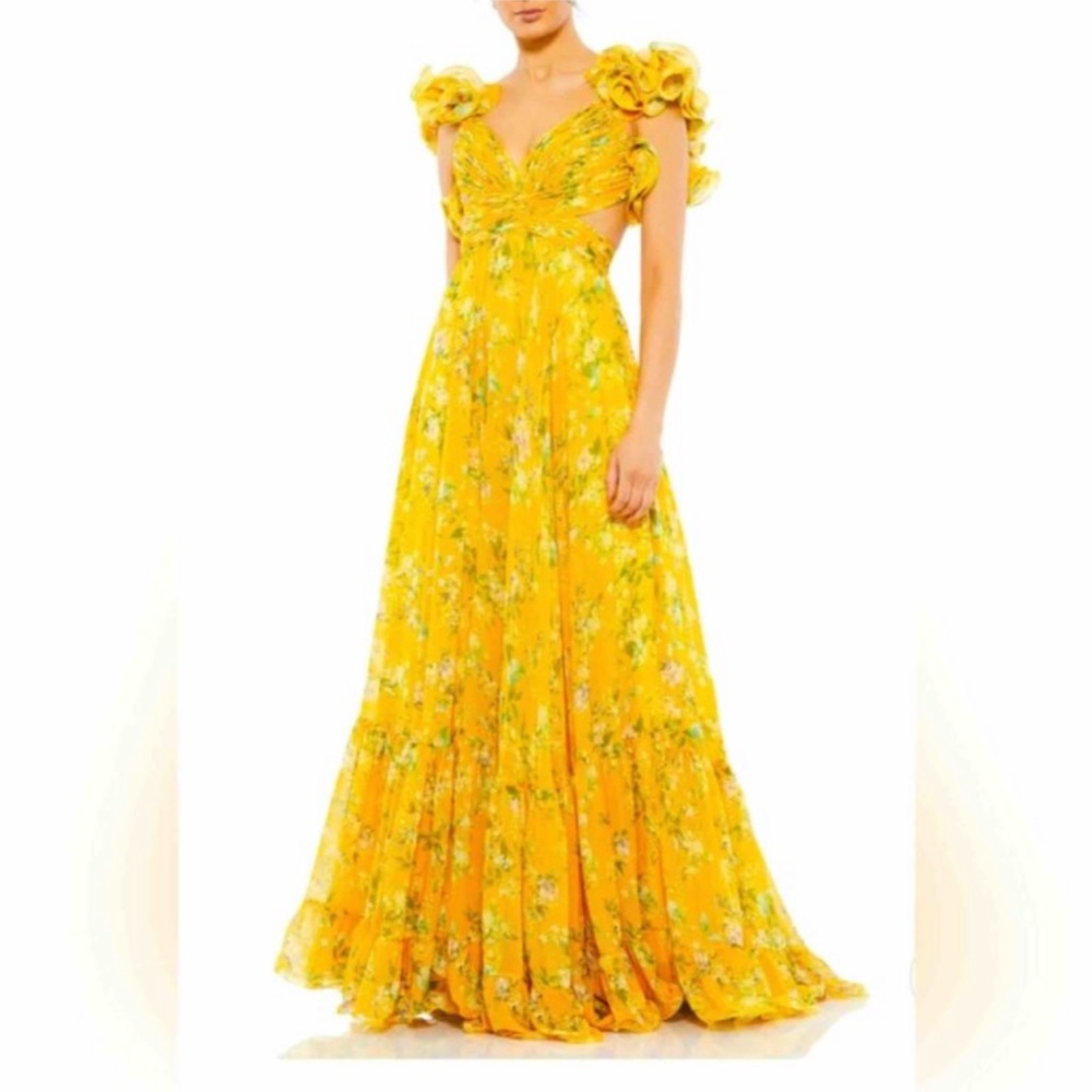 Mac Duggal Yellow Ruffled Tiered Maxi Dress